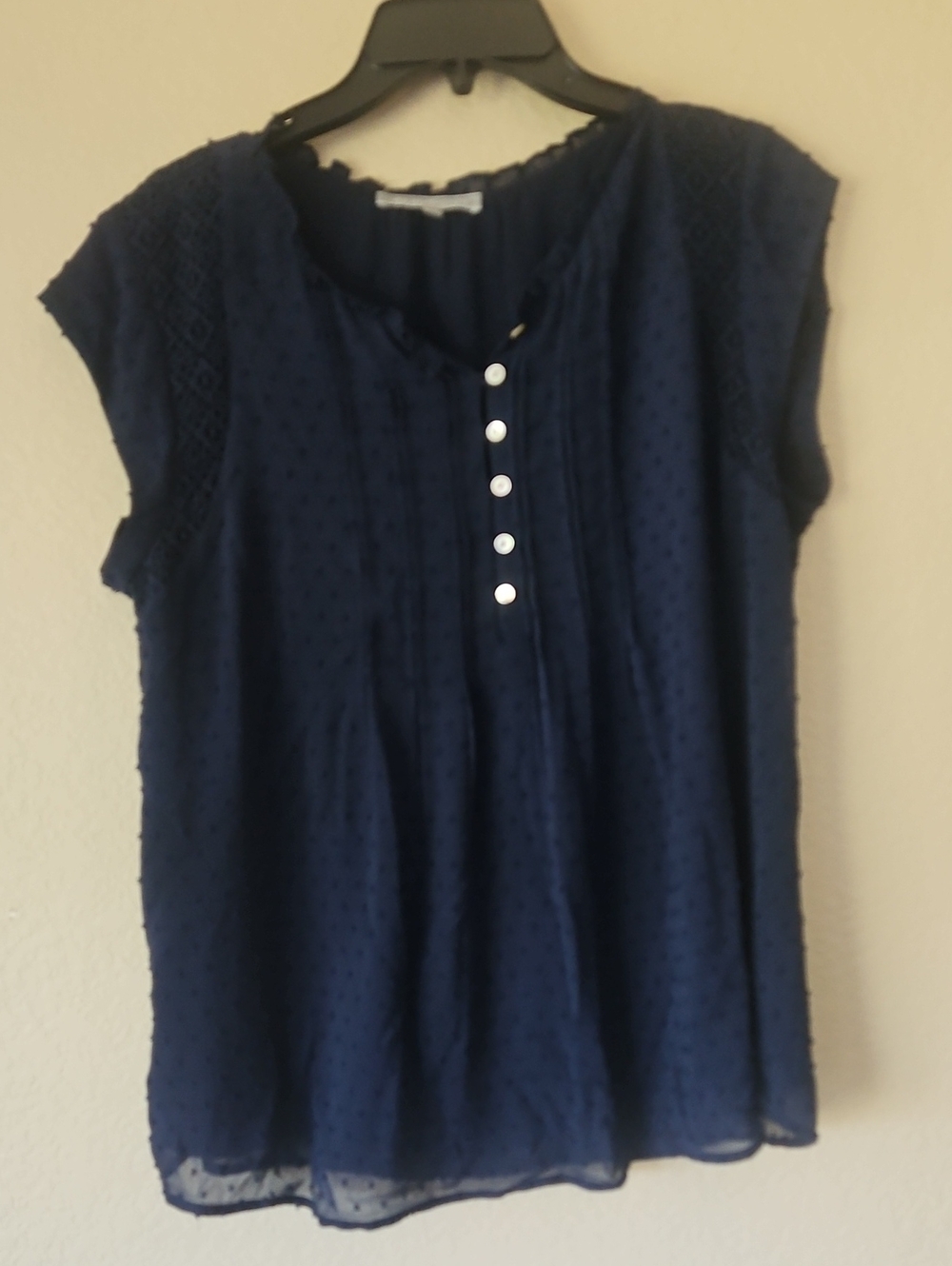 Daniel Rainn Navy Swiss Dot Short Sleeve Blouse Large